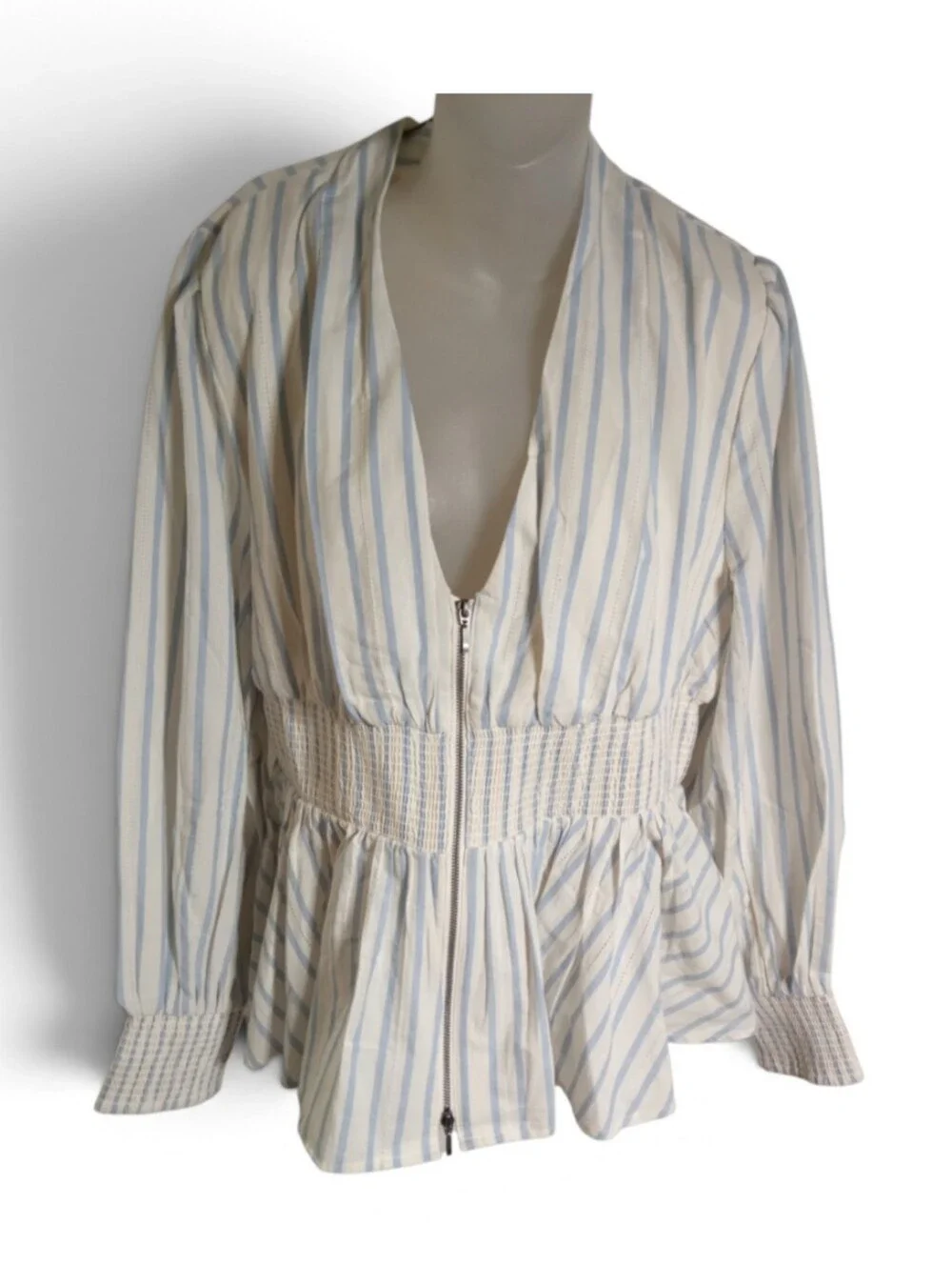 Anthropologie The Tommie Striped Zip Front Peplum Blouse Coastal Cottagecore L